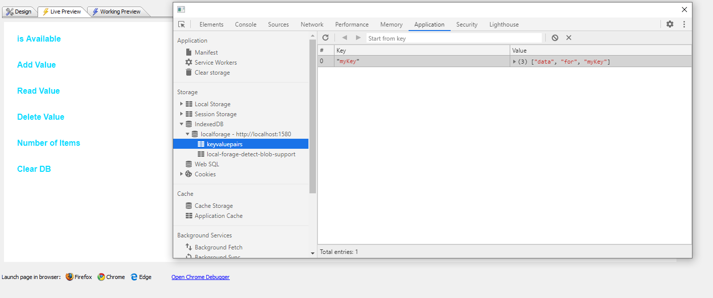 Inspecting the IndexedDB database in Alpha Anywhere